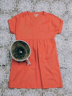 Briggs New York Coral Linen Blend Babydoll Gathered Waist Mini Summer Dress